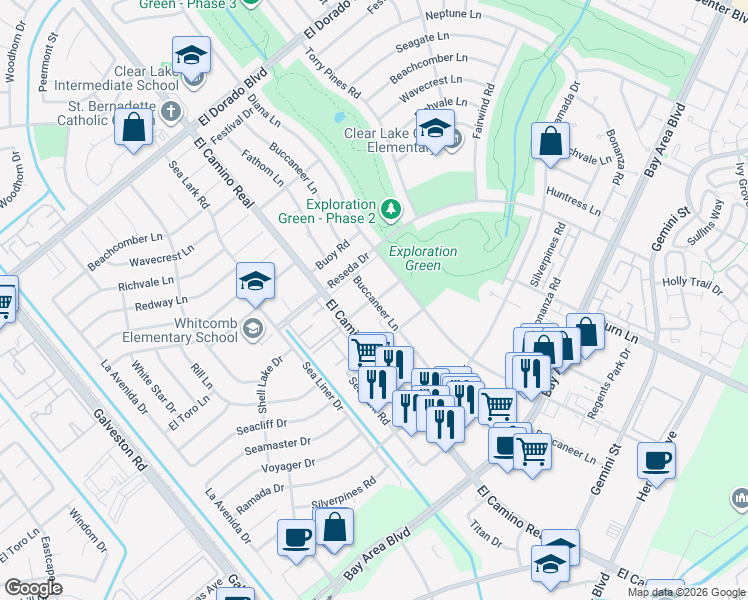 map of restaurants, bars, coffee shops, grocery stores, and more near 16302 Buccaneer Lane in Houston