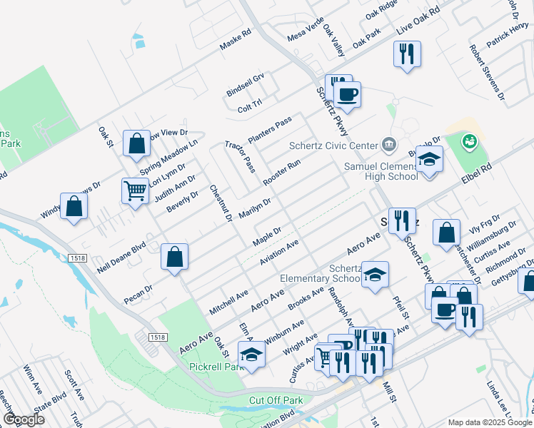 map of restaurants, bars, coffee shops, grocery stores, and more near 517 Pecan Drive in Schertz