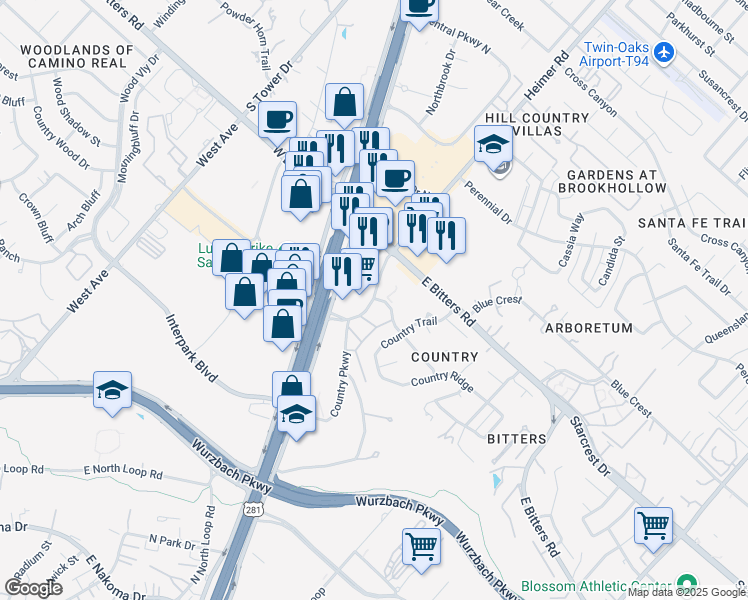 map of restaurants, bars, coffee shops, grocery stores, and more near 13000 Heimer Road in San Antonio