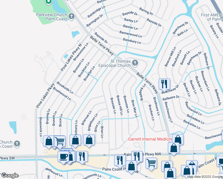 map of restaurants, bars, coffee shops, grocery stores, and more near 119 Bressler Lane in Palm Coast