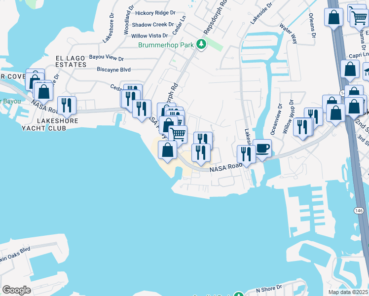 map of restaurants, bars, coffee shops, grocery stores, and more near 3010 East Nasa Parkway in Seabrook