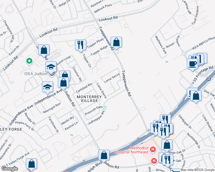 map of restaurants, bars, coffee shops, grocery stores, and more near 6715 Loma Secca in San Antonio