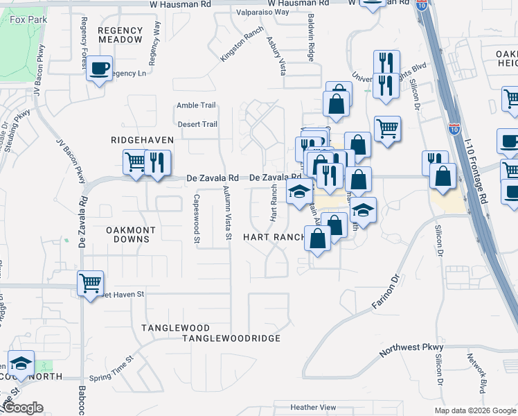 map of restaurants, bars, coffee shops, grocery stores, and more near 6007 Hart Cove in San Antonio