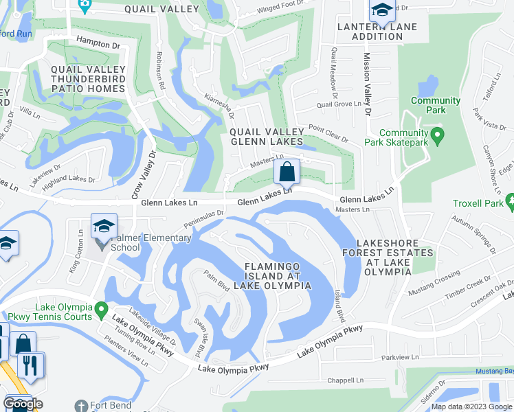 map of restaurants, bars, coffee shops, grocery stores, and more near 2219 Glenn Lakes Lane in Missouri City