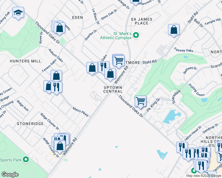 map of restaurants, bars, coffee shops, grocery stores, and more near Thousand Oaks Drive & Wetmore Road in San Antonio
