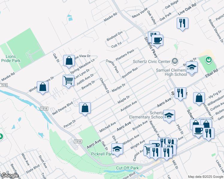 map of restaurants, bars, coffee shops, grocery stores, and more near 501 Marilyn Drive in Schertz