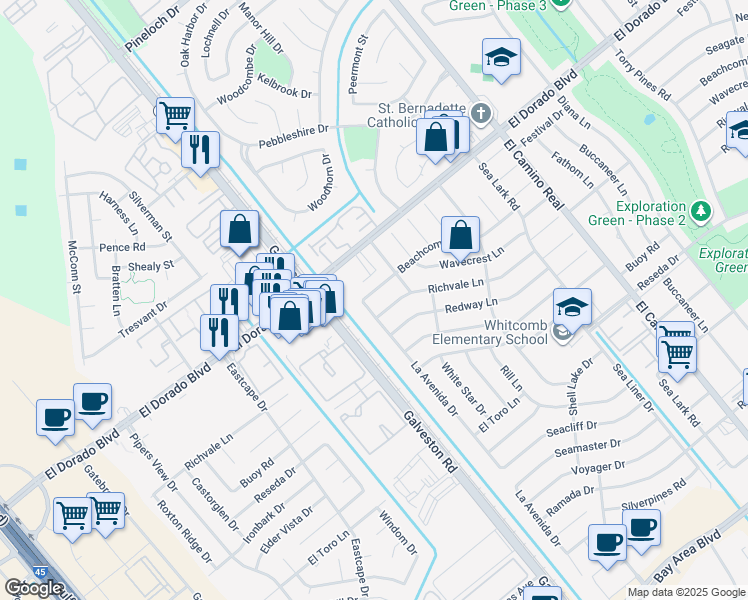 map of restaurants, bars, coffee shops, grocery stores, and more near 726 Beachcomber Lane in Houston