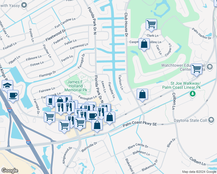 map of restaurants, bars, coffee shops, grocery stores, and more near 16 Farraday Lane in Palm Coast