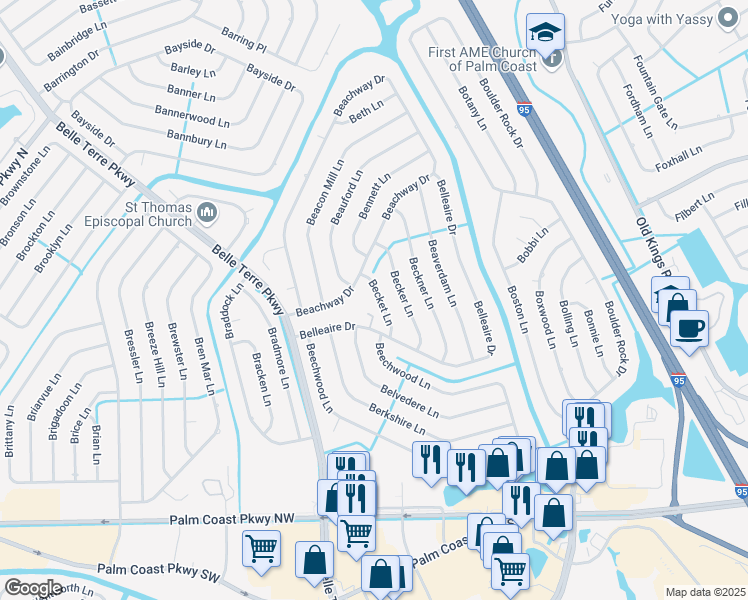map of restaurants, bars, coffee shops, grocery stores, and more near 18 Becket Lane in Palm Coast