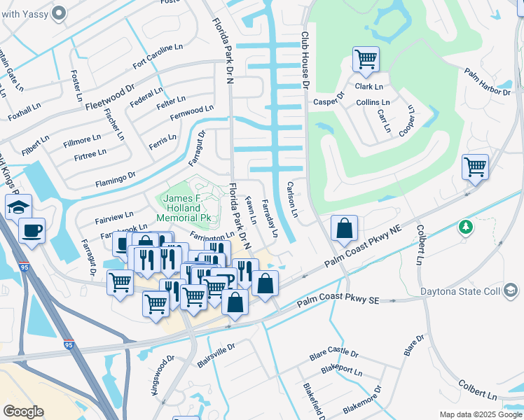 map of restaurants, bars, coffee shops, grocery stores, and more near 35 Farraday Lane in Palm Coast