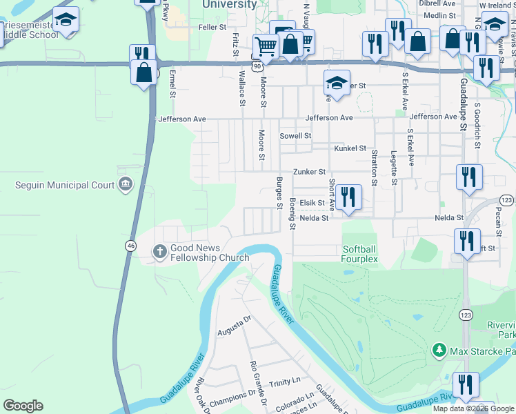 map of restaurants, bars, coffee shops, grocery stores, and more near 1126 Renee Street in Seguin