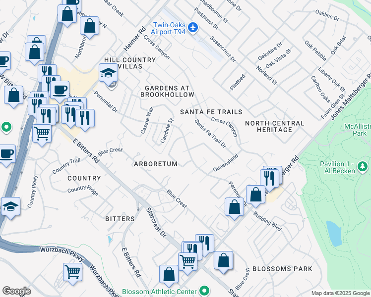 map of restaurants, bars, coffee shops, grocery stores, and more near 1607 Perennial Drive in San Antonio