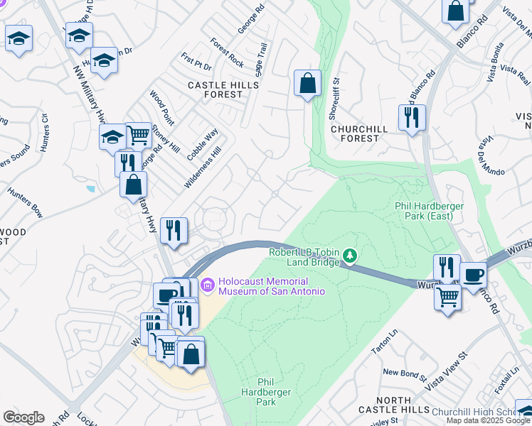 map of restaurants, bars, coffee shops, grocery stores, and more near 13323 Orchard Ridge Drive in San Antonio