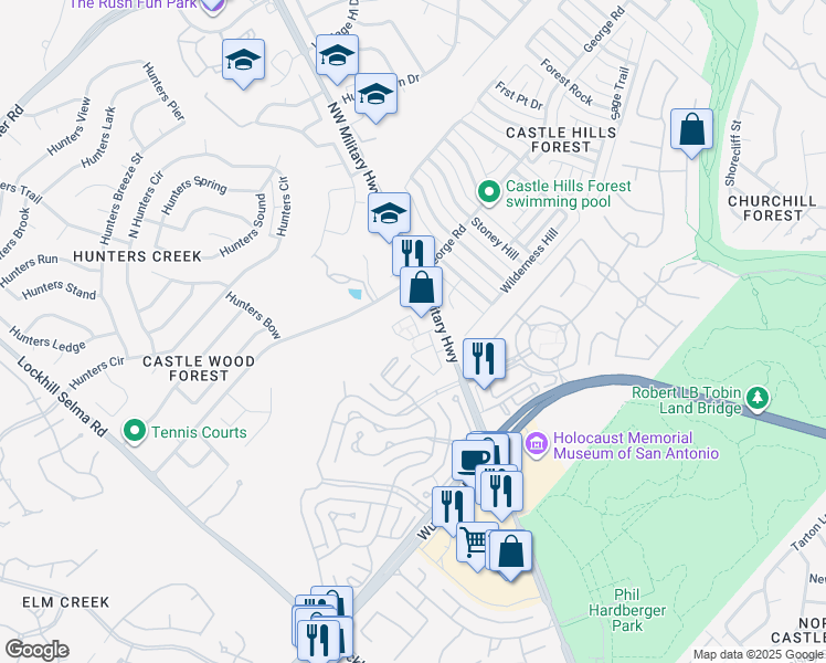 map of restaurants, bars, coffee shops, grocery stores, and more near 13129 Northwest Military Highway in San Antonio