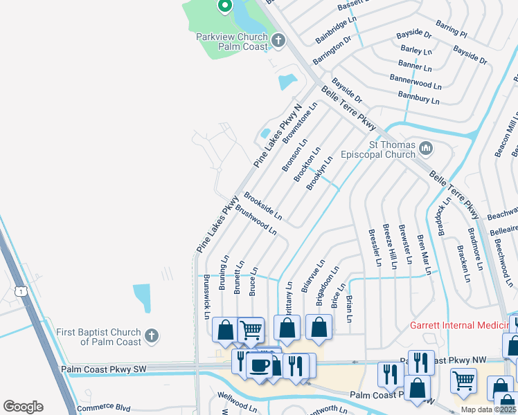 map of restaurants, bars, coffee shops, grocery stores, and more near 22 Brookside Lane in Palm Coast
