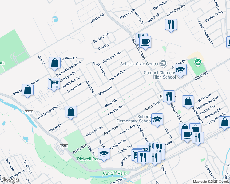 map of restaurants, bars, coffee shops, grocery stores, and more near 529 Pecan Drive in Schertz