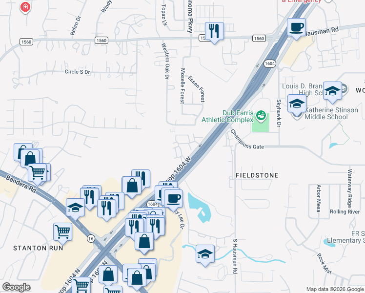 map of restaurants, bars, coffee shops, grocery stores, and more near 8603 North Loop 1604 West in San Antonio