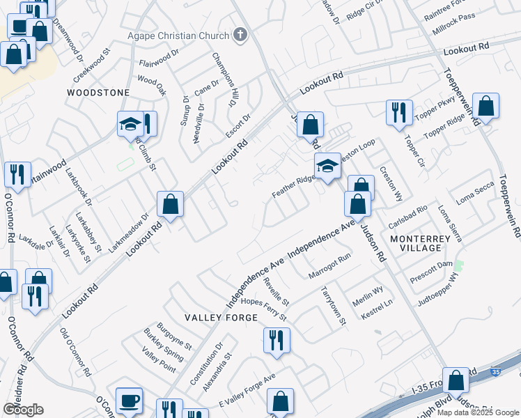 map of restaurants, bars, coffee shops, grocery stores, and more near 13079 Feather Ridge Drive in San Antonio