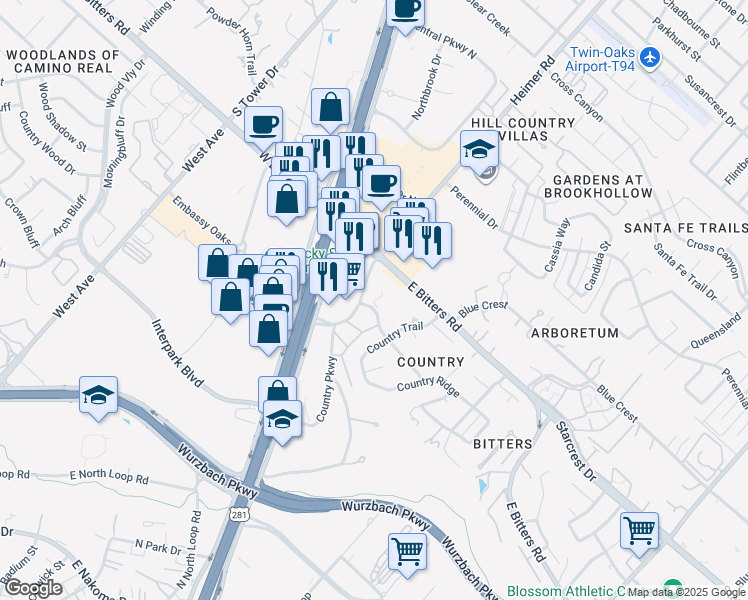 map of restaurants, bars, coffee shops, grocery stores, and more near 13000 Heimer Road in San Antonio