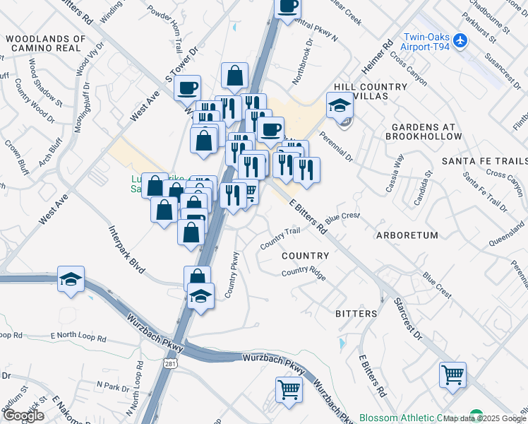 map of restaurants, bars, coffee shops, grocery stores, and more near 13000 Heimer Road in San Antonio