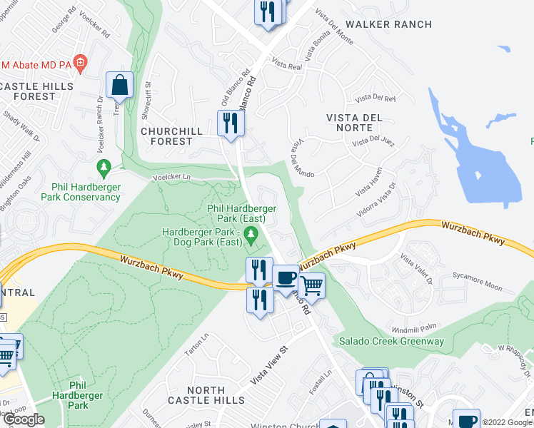 map of restaurants, bars, coffee shops, grocery stores, and more near 13130 Blanco Road in San Antonio