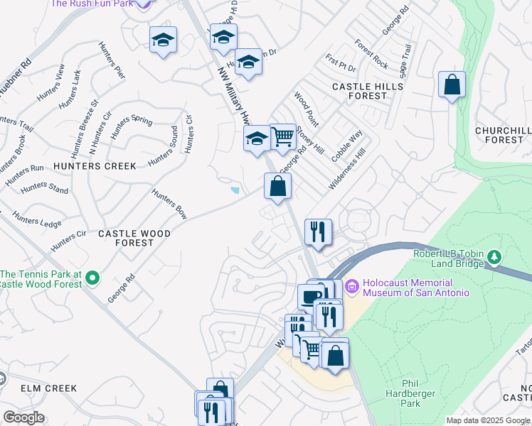 map of restaurants, bars, coffee shops, grocery stores, and more near 13141 Northwest Military Highway in San Antonio