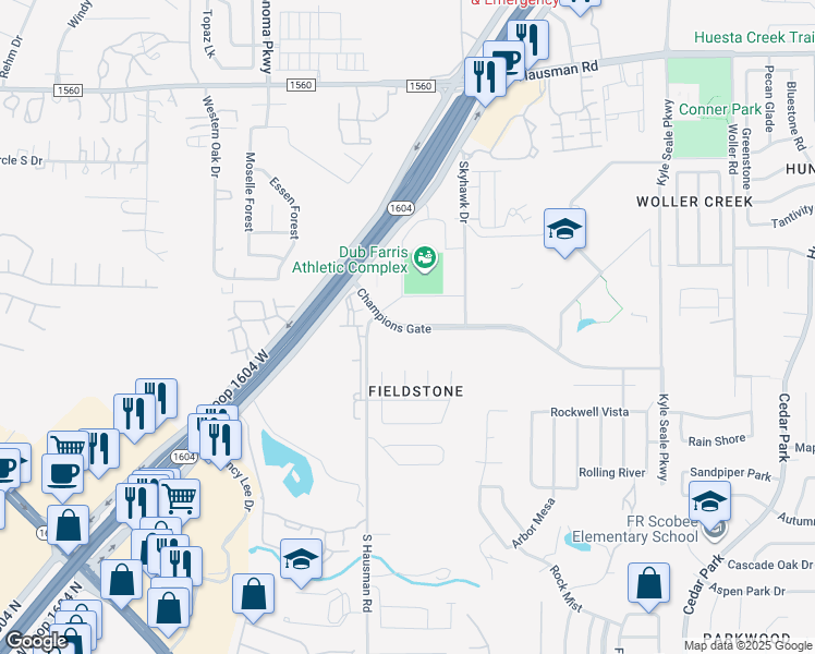map of restaurants, bars, coffee shops, grocery stores, and more near 8400 North Loop 1604 West in San Antonio
