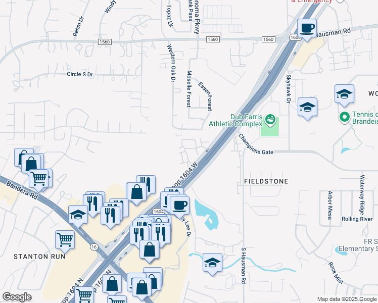 map of restaurants, bars, coffee shops, grocery stores, and more near 8603 North Loop 1604 West in San Antonio