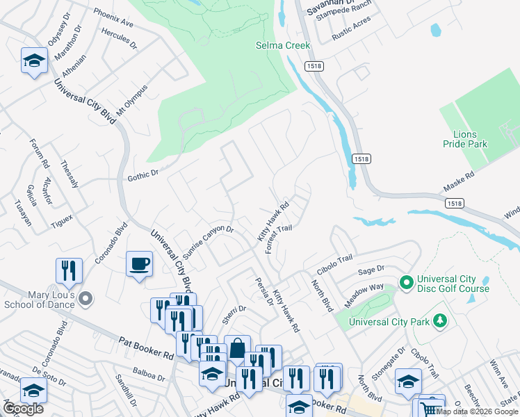 map of restaurants, bars, coffee shops, grocery stores, and more near 133 Kitty Hawk Road in Universal City