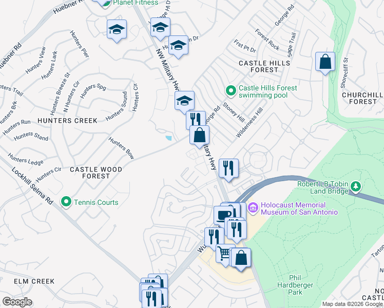 map of restaurants, bars, coffee shops, grocery stores, and more near 13141 Northwest Military Highway in San Antonio