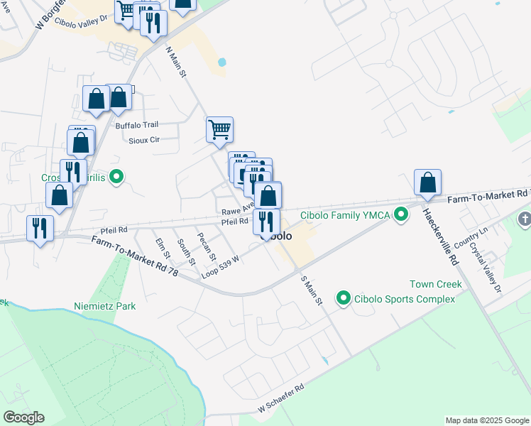 map of restaurants, bars, coffee shops, grocery stores, and more near 216 North Main Street in Cibolo