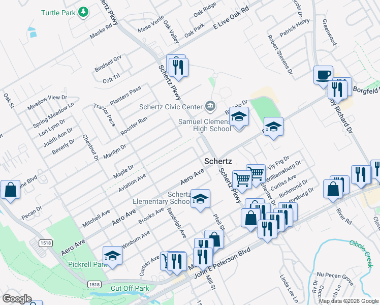 map of restaurants, bars, coffee shops, grocery stores, and more near 912 Colony Drive in Schertz