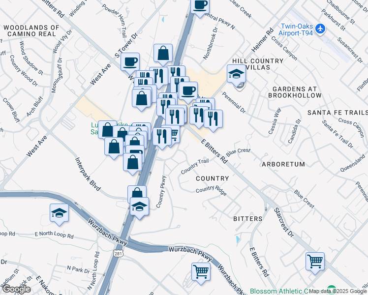map of restaurants, bars, coffee shops, grocery stores, and more near 950 Bitters Road in San Antonio