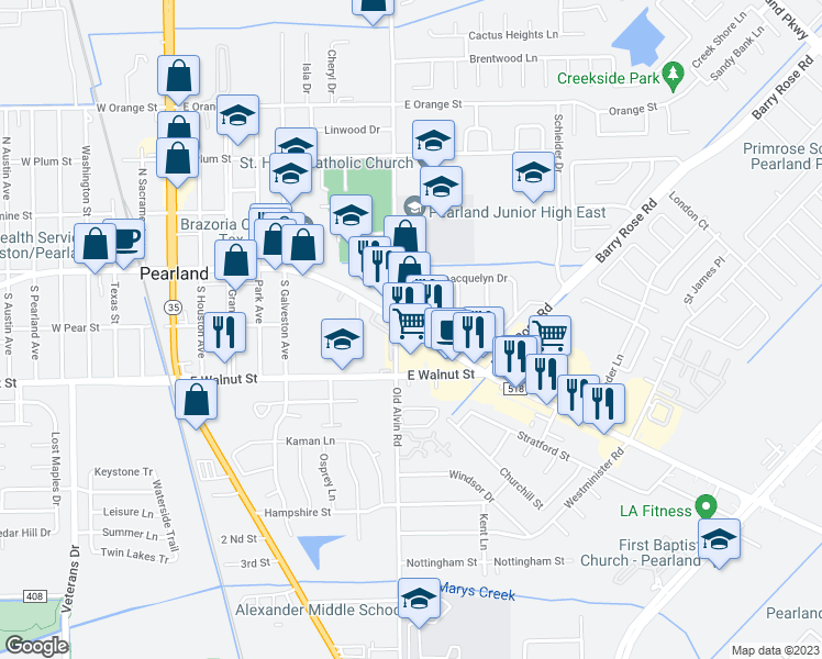 map of restaurants, bars, coffee shops, grocery stores, and more near 3444 Broadway Street in Pearland