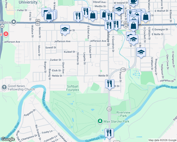 map of restaurants, bars, coffee shops, grocery stores, and more near 707 Miller Avenue in Seguin
