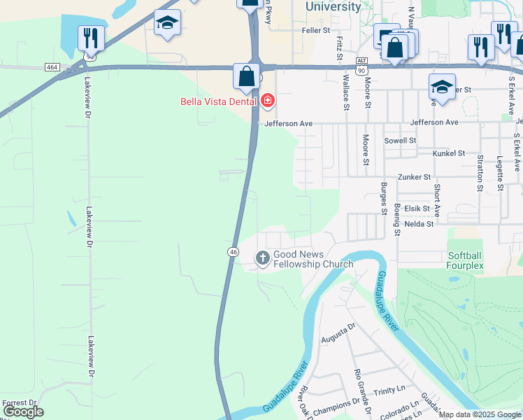 map of restaurants, bars, coffee shops, grocery stores, and more near 705 Texas 46 in Seguin