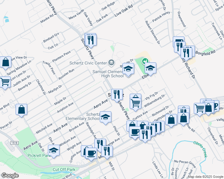 map of restaurants, bars, coffee shops, grocery stores, and more near 949 Schertz Parkway in Schertz