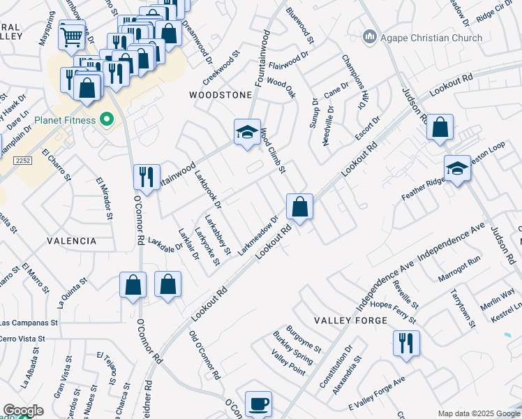 map of restaurants, bars, coffee shops, grocery stores, and more near 13222 Larkway Street in San Antonio