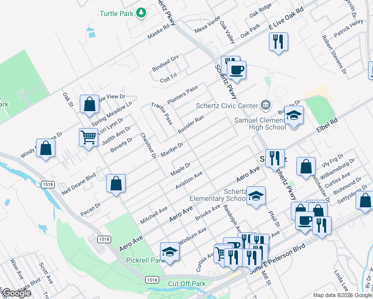 map of restaurants, bars, coffee shops, grocery stores, and more near 529 Pecan Drive in Schertz