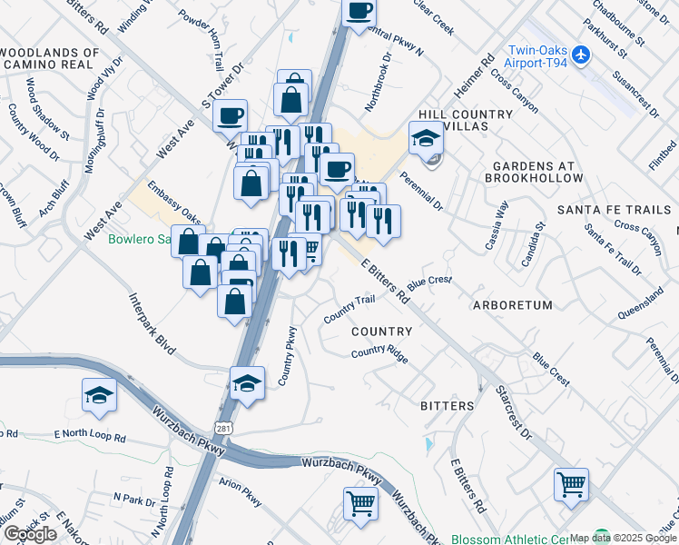 map of restaurants, bars, coffee shops, grocery stores, and more near 950 East Bitters Road in San Antonio