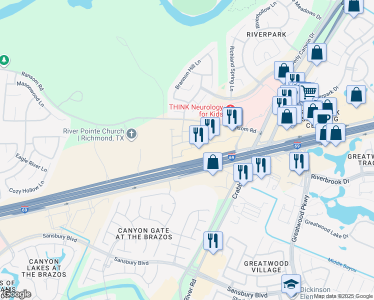 map of restaurants, bars, coffee shops, grocery stores, and more near 20500 Pointe West Circle in Richmond
