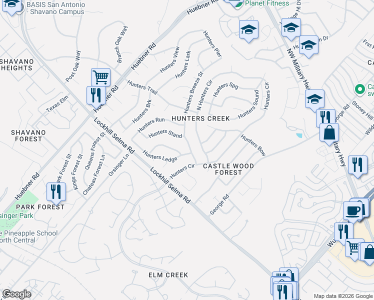 map of restaurants, bars, coffee shops, grocery stores, and more near 13027 Hunters Breeze Street in San Antonio