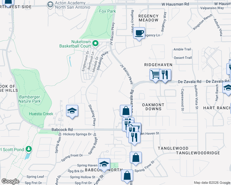 map of restaurants, bars, coffee shops, grocery stores, and more near 6455 De Zavala Road in San Antonio