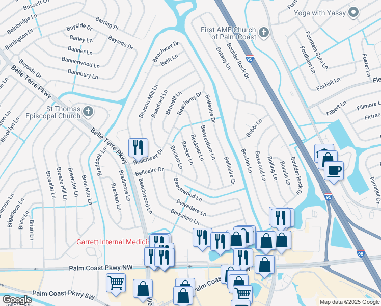 map of restaurants, bars, coffee shops, grocery stores, and more near 35 Becker Lane in Palm Coast
