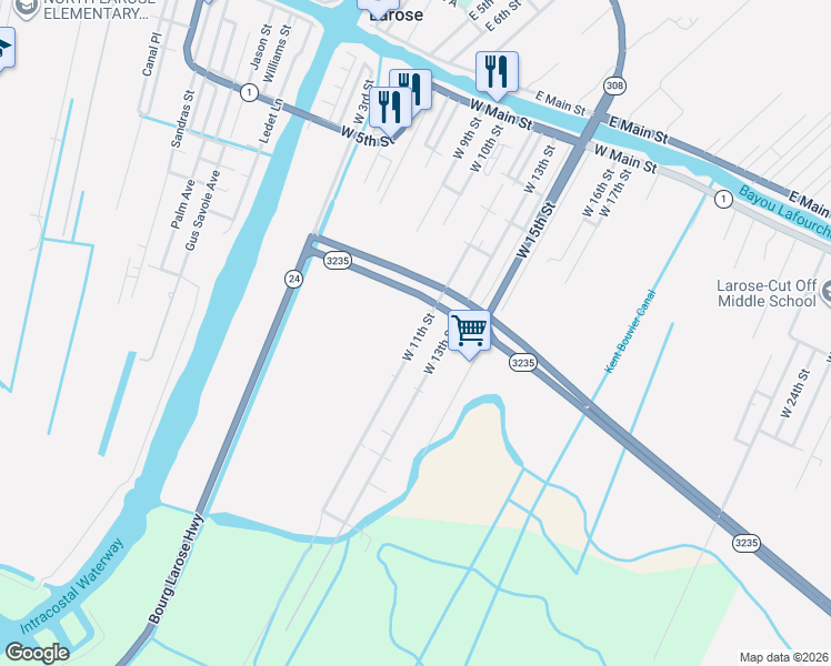 map of restaurants, bars, coffee shops, grocery stores, and more near 502 W 11th St in Larose