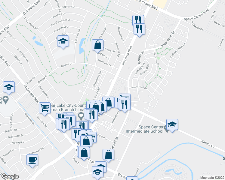 map of restaurants, bars, coffee shops, grocery stores, and more near 1459 Bay Area Boulevard in Houston
