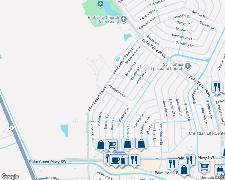 map of restaurants, bars, coffee shops, grocery stores, and more near 14 Brookside Lane in Palm Coast