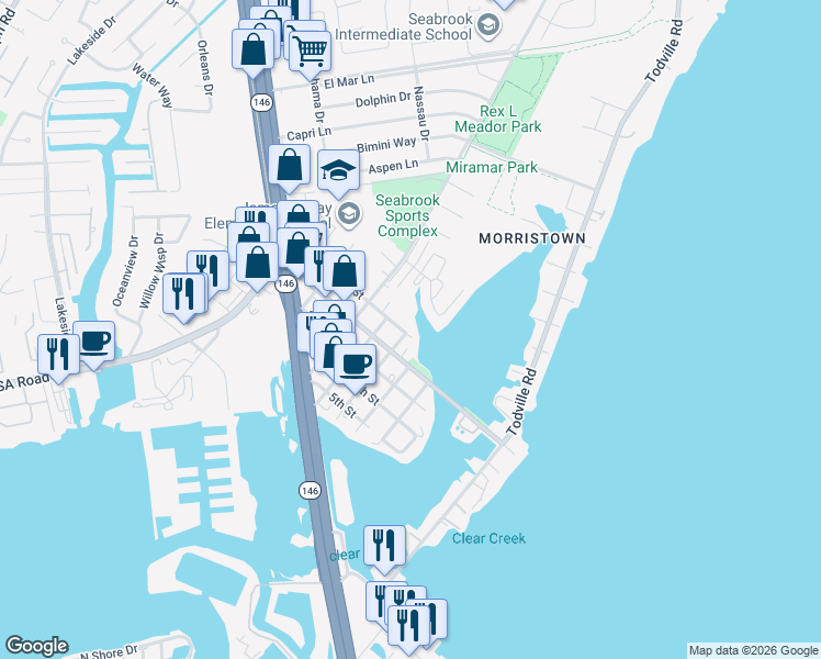 map of restaurants, bars, coffee shops, grocery stores, and more near 1228 1st Street in Seabrook