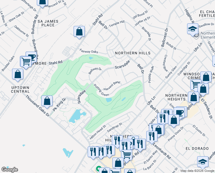 map of restaurants, bars, coffee shops, grocery stores, and more near 4302 Sandy Crest in San Antonio