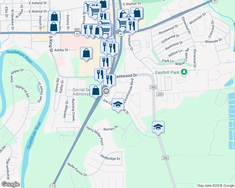map of restaurants, bars, coffee shops, grocery stores, and more near 608 Topaz Avenue in Seguin